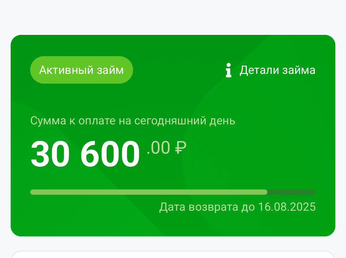 Активный заём на сумму 30 600 рублей в 2025 году