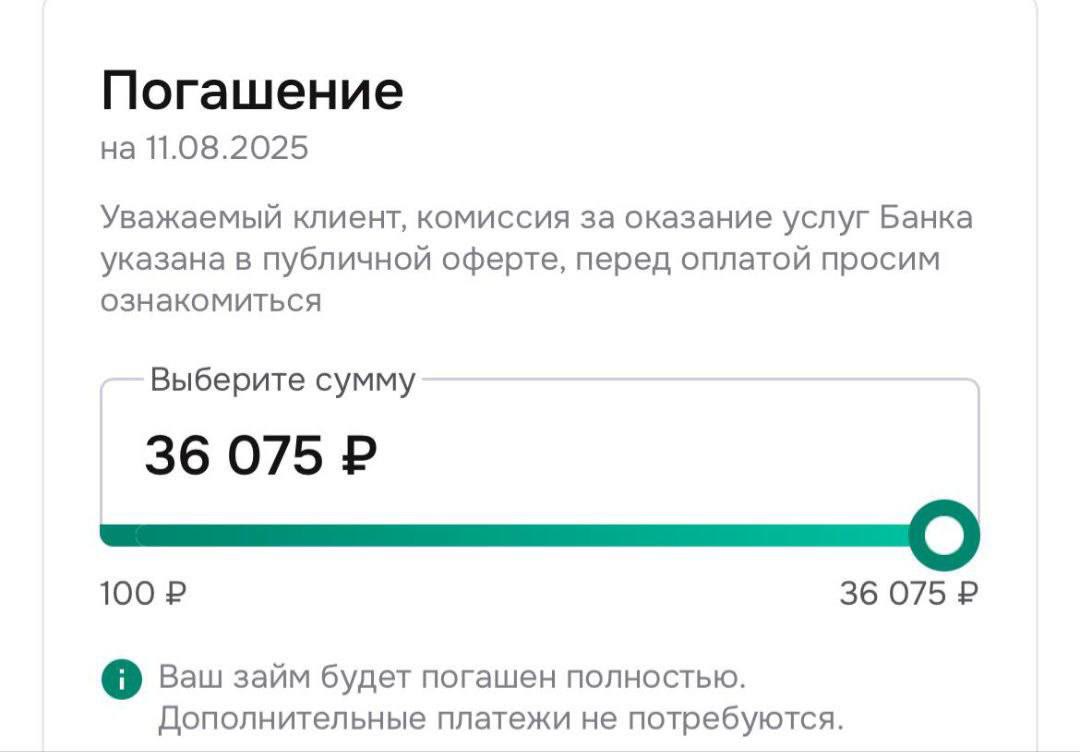 Экран полного погашения займа на сумму 36 075 рублей