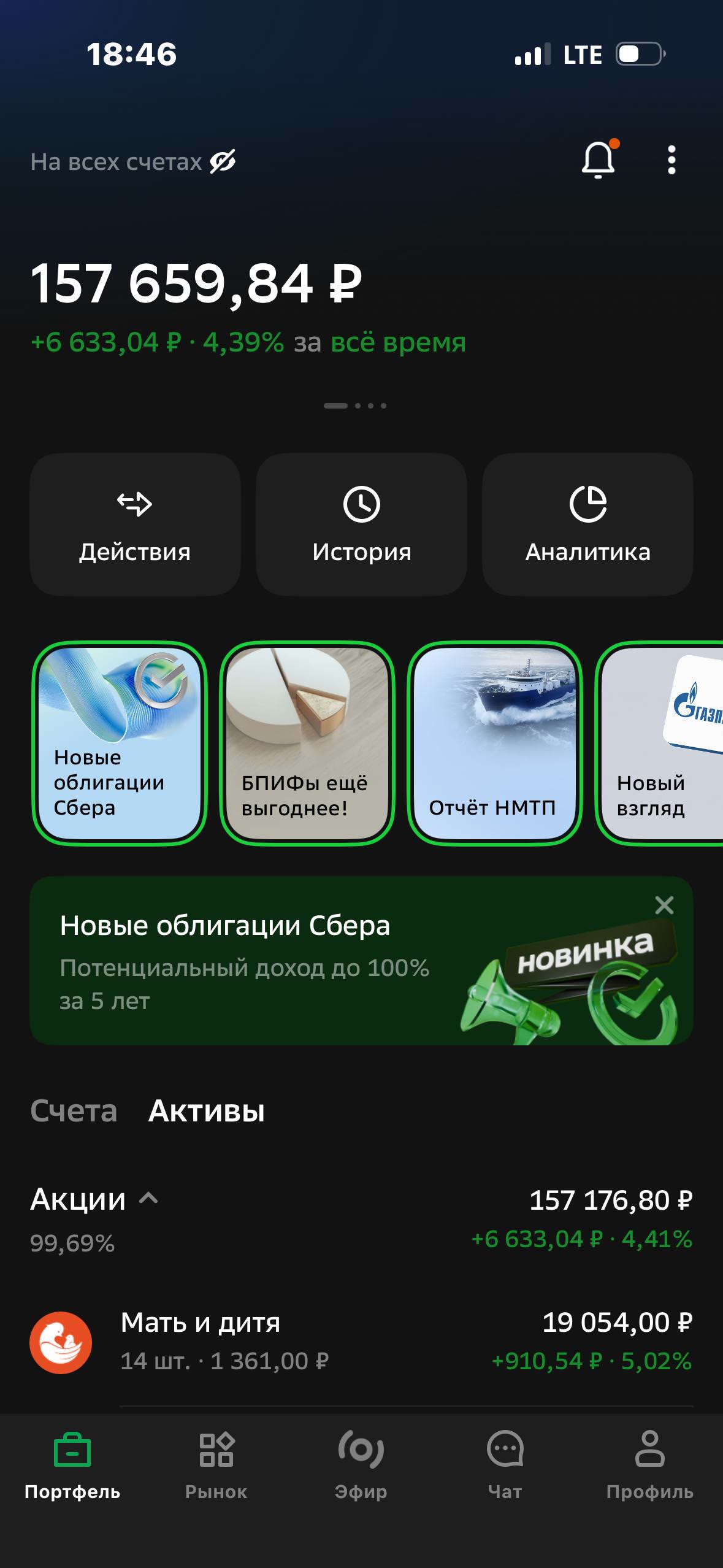Скриншот инвестиционного портфеля на сумму 157 659 рублей