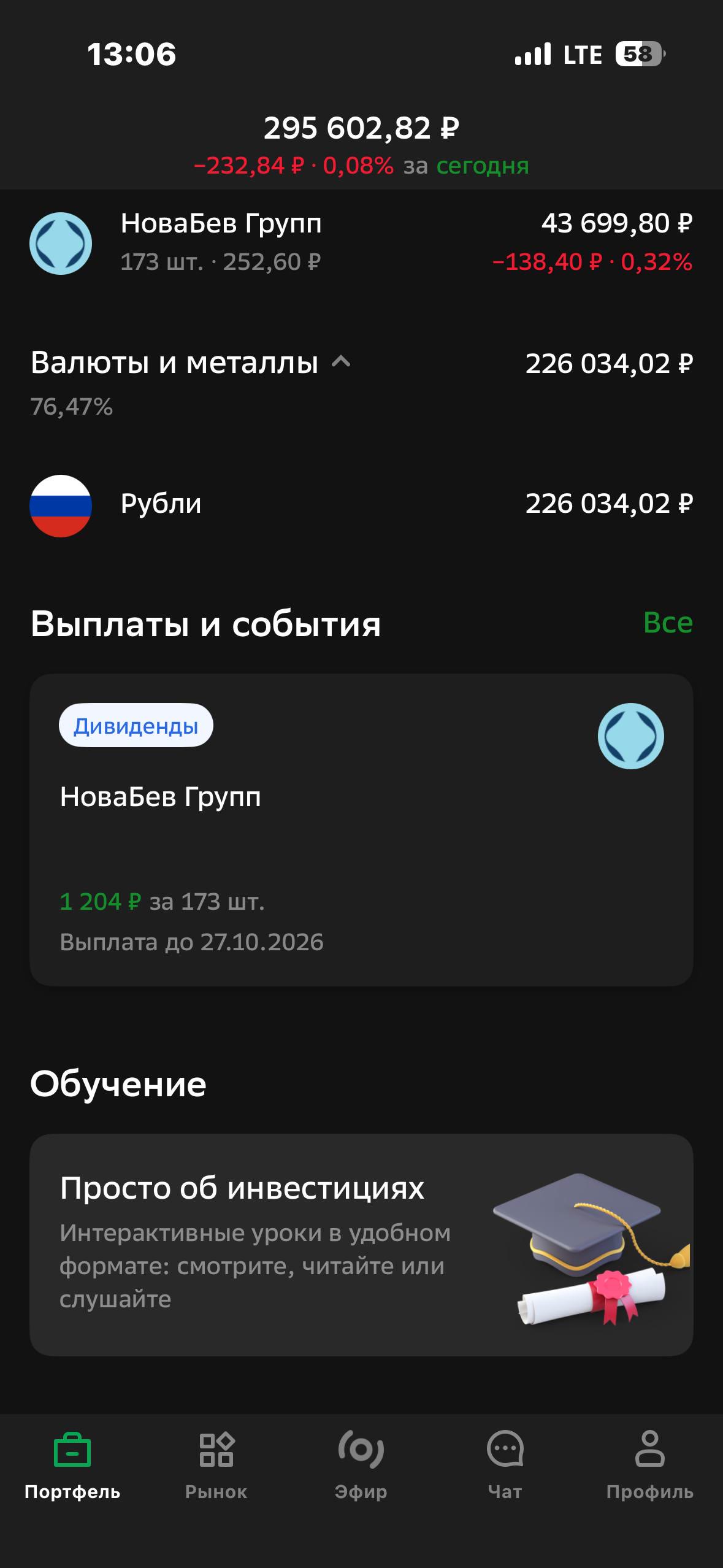 Скриншот инвестиционного портфеля на сумму 295 602 рублей